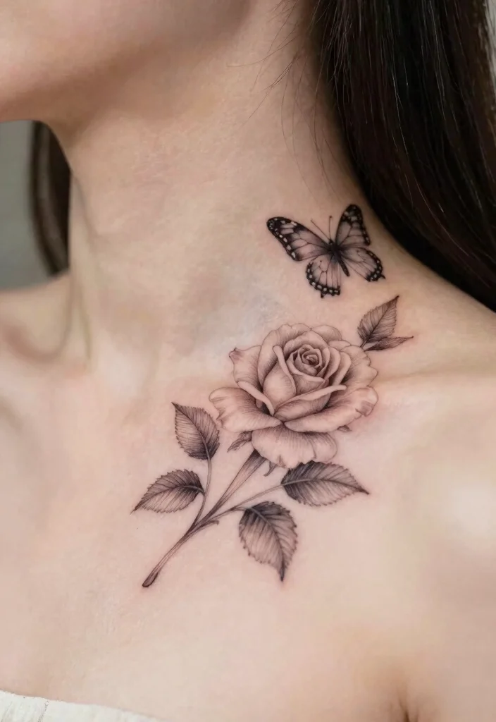 15 Rose With Butterfly Tattoo Ideas for Women: Feminine and Graceful - 7. Rose and Butterfly on the Neck 1