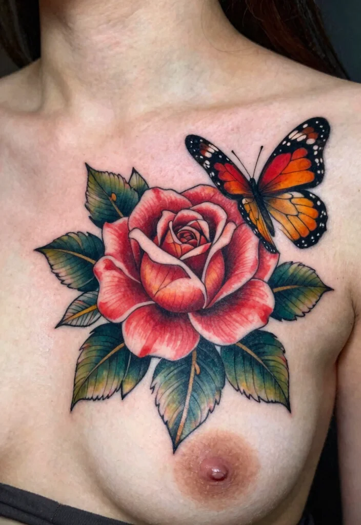 15 Rose With Butterfly Tattoo Ideas for Women: Feminine and Graceful - 8. Chest Piece Rose and Butterfly 1