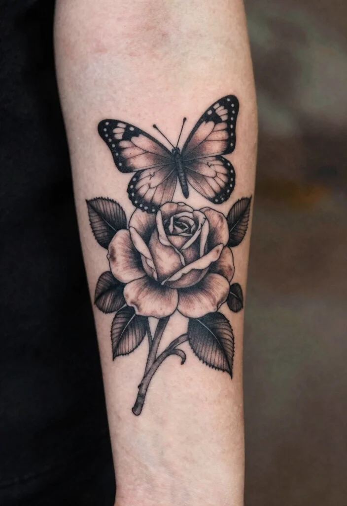 15 Rose With Butterfly Tattoo Ideas for Women: Feminine and Graceful - 9. Vintage-Inspired Rose and Butterfly 1