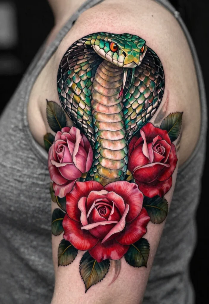15 Snake Head Tattoo Ideas: Powerful, Detailed, and Striking - 1. Fierce Cobra with Roses 1