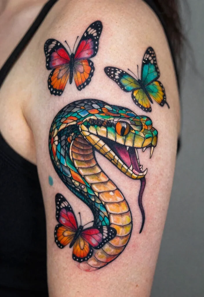 15 Snake Head Tattoo Ideas: Powerful, Detailed, and Striking - 11. Colorful Snake Head with Butterflies 1