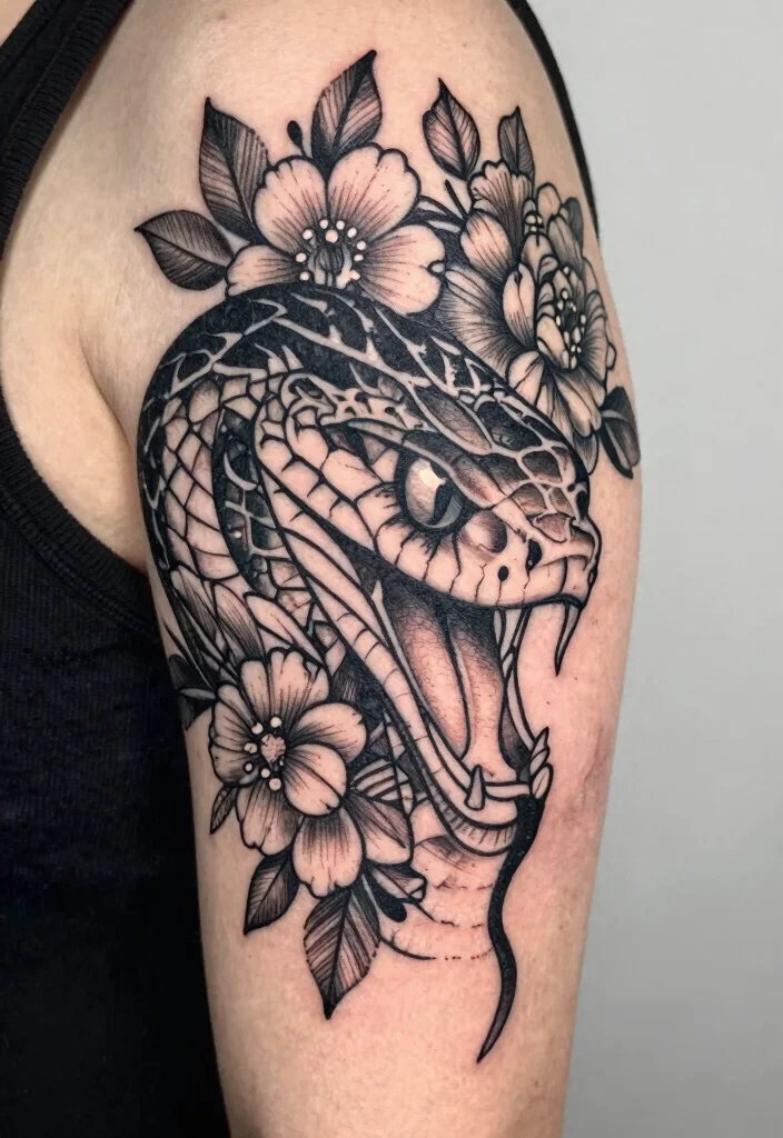 15 Snake Head Tattoo Ideas: Powerful, Detailed, and Striking - 12. Artistic Blackwork Snake with Floral Patterns 1