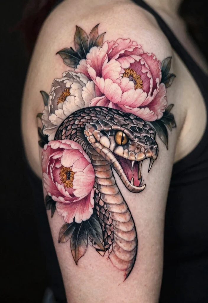 15 Snake Head Tattoo Ideas: Powerful, Detailed, and Striking - 13. Elegant Snake Head with Peonies 1