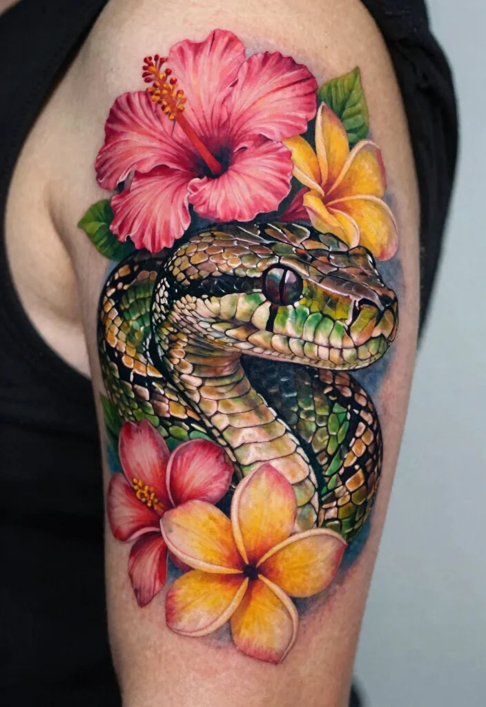 15 Snake Head Tattoo Ideas: Powerful, Detailed, and Striking - 5. Realistic Python Head with Tropical Flowers 1