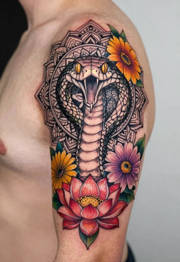 15 Snake Head Tattoo Ideas: Powerful, Detailed, and Striking - 6. Artistic Snake with Mandala and Flowers 1