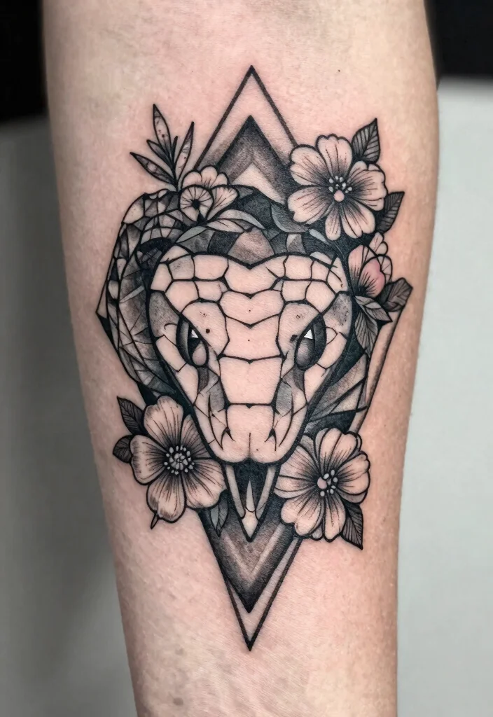 15 Snake Head Tattoo Ideas: Powerful, Detailed, and Striking - 7. Geometric Snake Head with Floral Accents 1