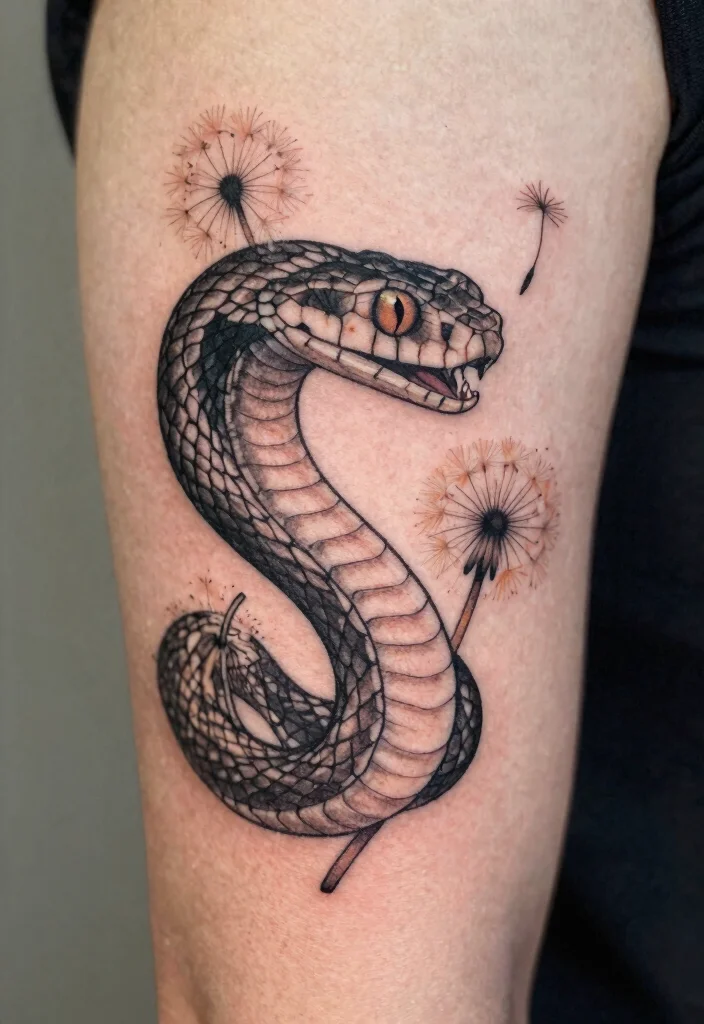 15 Snake Head Tattoo Ideas: Powerful, Detailed, and Striking - 8. Vintage Snake Head with Dandelions 1