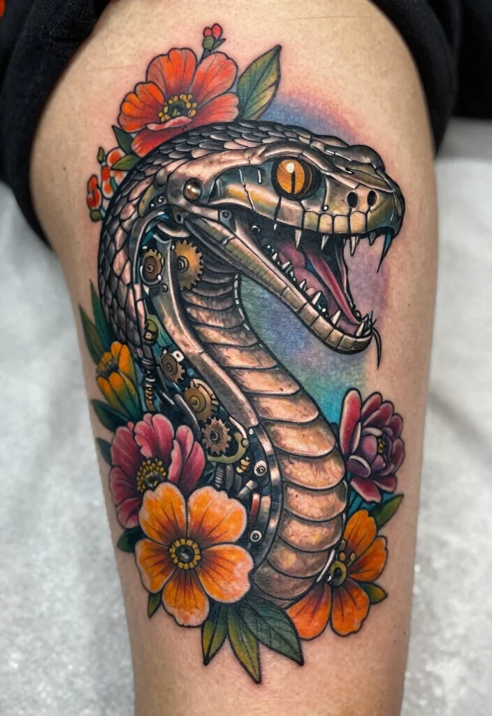 15 Snake Head Tattoo Ideas: Powerful, Detailed, and Striking - 9. Biomechanical Snake Head Design 1