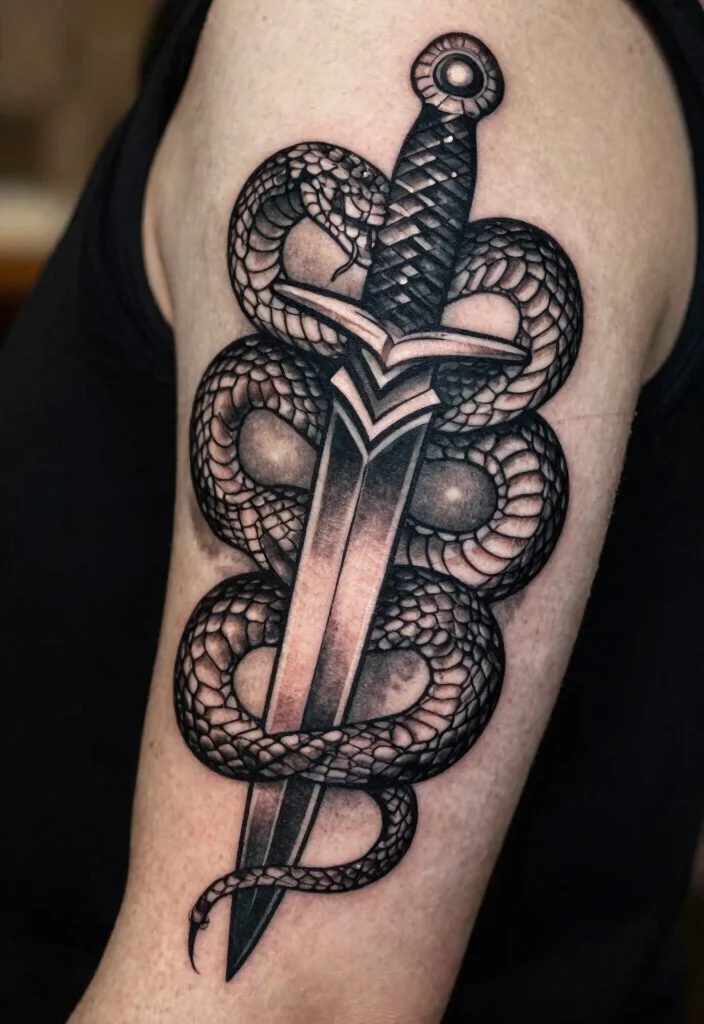 15 Snake Tattoo Design Ideas: Bold, Symbolic, and Timeless - 10. Snake and Dagger Tattoo 1
