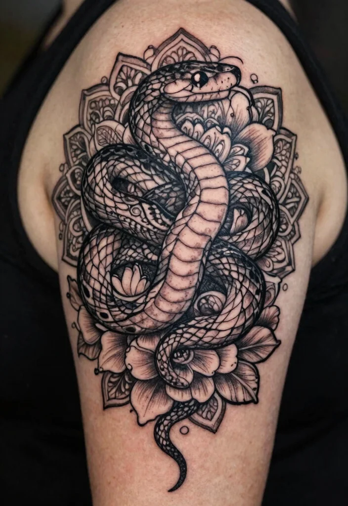 15 Snake Tattoo Design Ideas: Bold, Symbolic, and Timeless - 12. Snake in a Floral Mandala 1