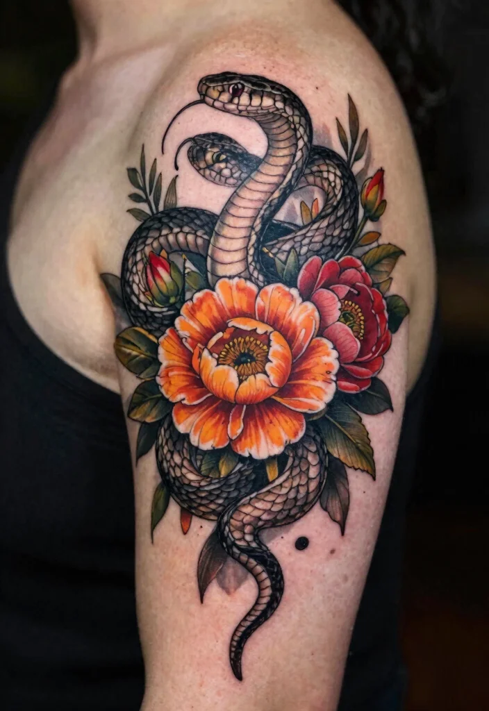 15 Snake Tattoo Design Ideas: Bold, Symbolic, and Timeless - 3. Snake and Flower Combination 1