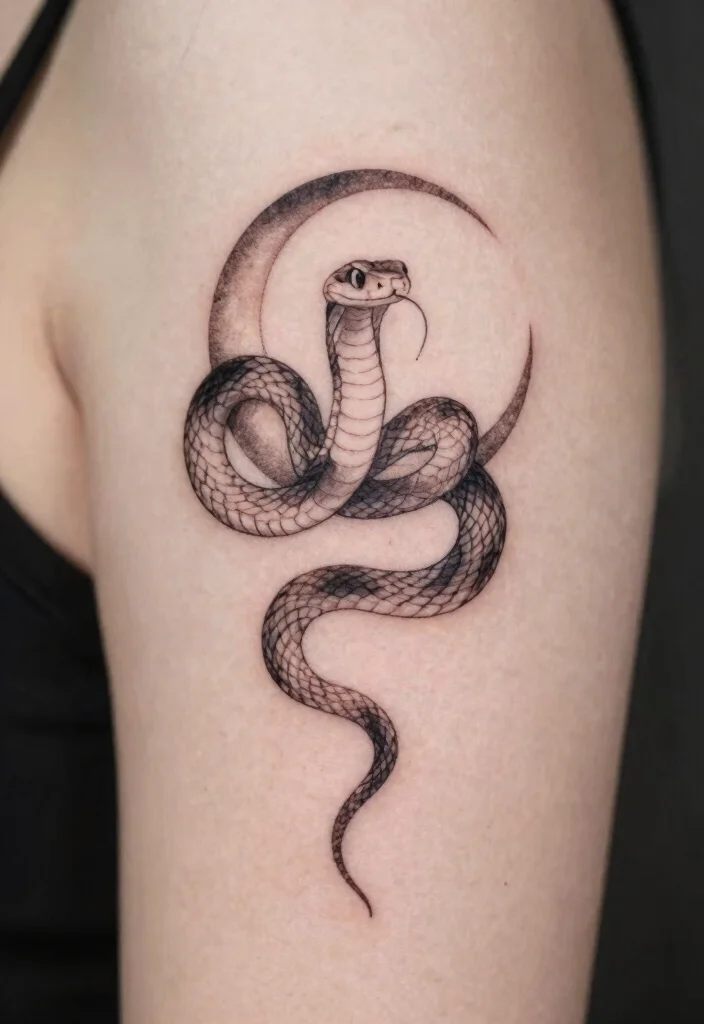15 Snake Tattoo Design Ideas: Bold, Symbolic, and Timeless - 4. Snake with a Crescent Moon 1