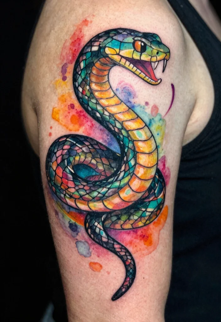 15 Snake Tattoo Design Ideas: Bold, Symbolic, and Timeless - 6. Watercolor Snake Tattoo 1