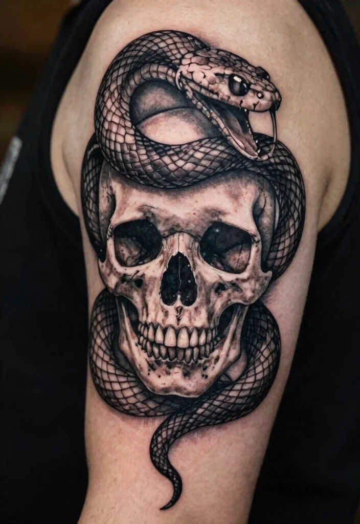 15 Snake Tattoo Design Ideas: Bold, Symbolic, and Timeless - 8. Snake and Skull Tattoo 1