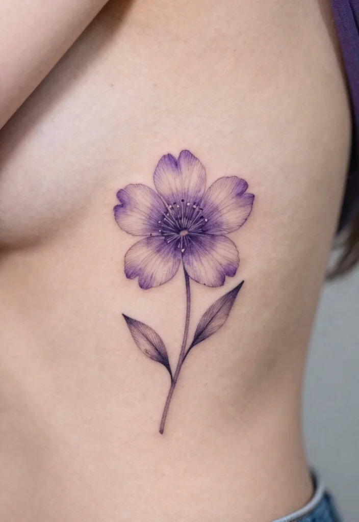 15 Violet Flower Tattoo Ideas: Soft, Feminine, and Meaningful - 10. Simple Violet on the Rib Cage 1