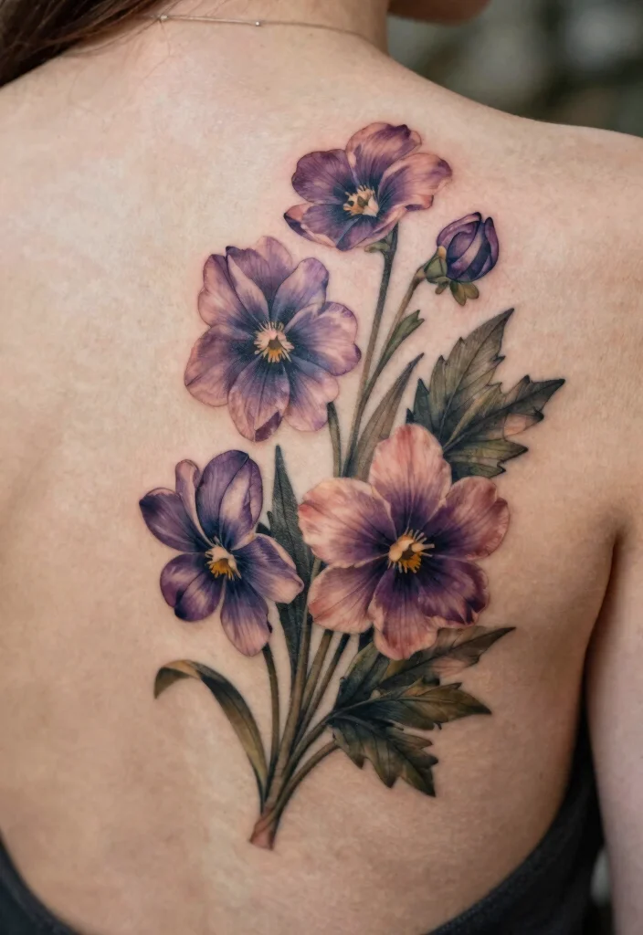 15 Violet Flower Tattoo Ideas: Soft, Feminine, and Meaningful - 11. Vintage Floral Scene 1