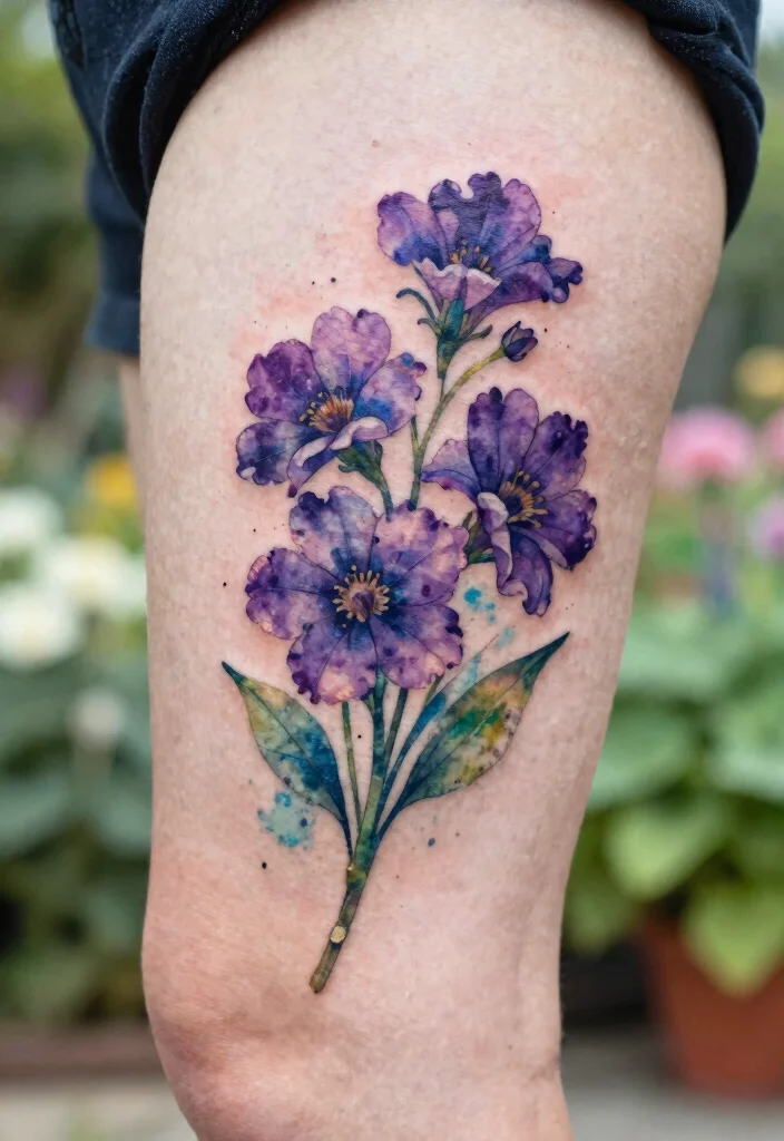 15 Violet Flower Tattoo Ideas: Soft, Feminine, and Meaningful - 2. Watercolor Violet Blooms 1