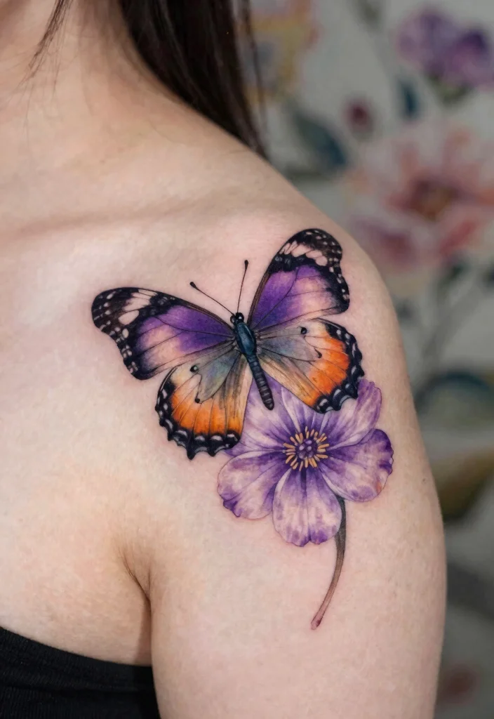15 Violet Flower Tattoo Ideas: Soft, Feminine, and Meaningful - 3. Delicate Violet and Butterfly 1