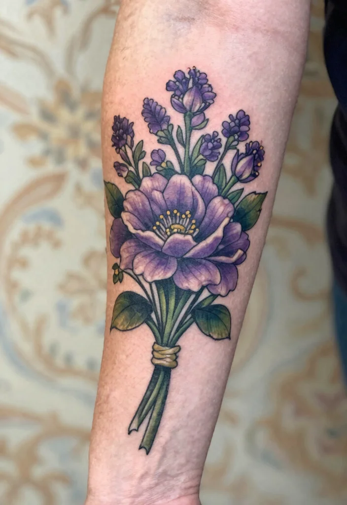 15 Violet Flower Tattoo Ideas: Soft, Feminine, and Meaningful - 5. Vintage Violet Bouquet 1