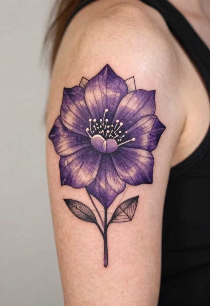 15 Violet Flower Tattoo Ideas: Soft, Feminine, and Meaningful - 6. Geometric Violet Design 1