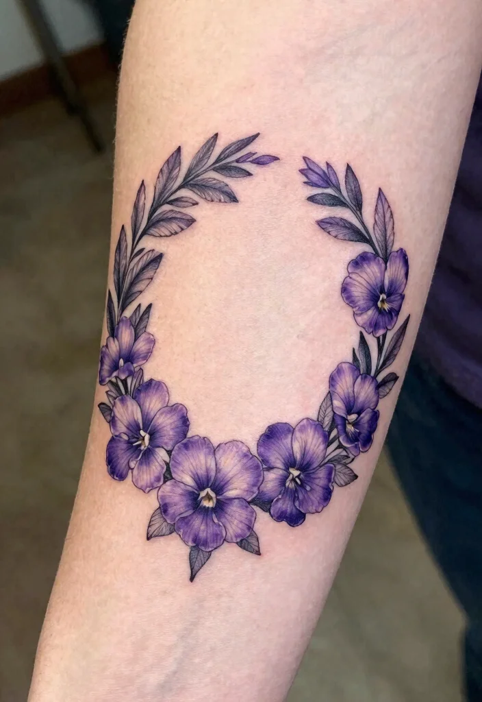 15 Violet Flower Tattoo Ideas: Soft, Feminine, and Meaningful - 7. Violet Wreath 1