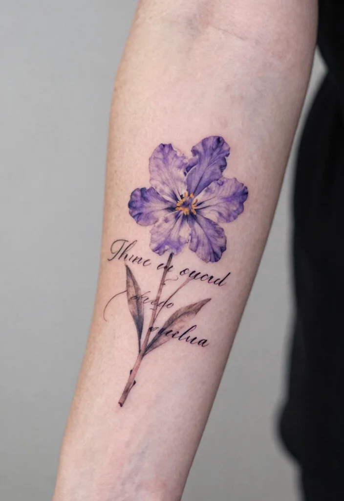 15 Violet Flower Tattoo Ideas: Soft, Feminine, and Meaningful - 8. Violet Flower with Quote 1