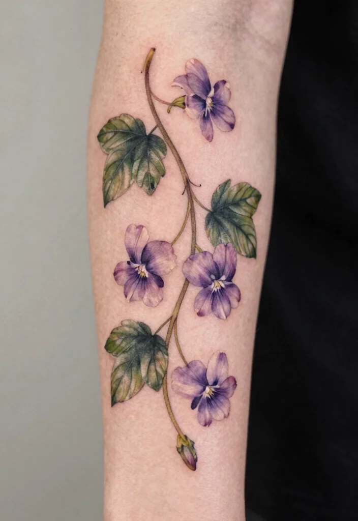 15 Violet Flower Tattoo Ideas: Soft, Feminine, and Meaningful - 9. Floral Vine with Violets 1