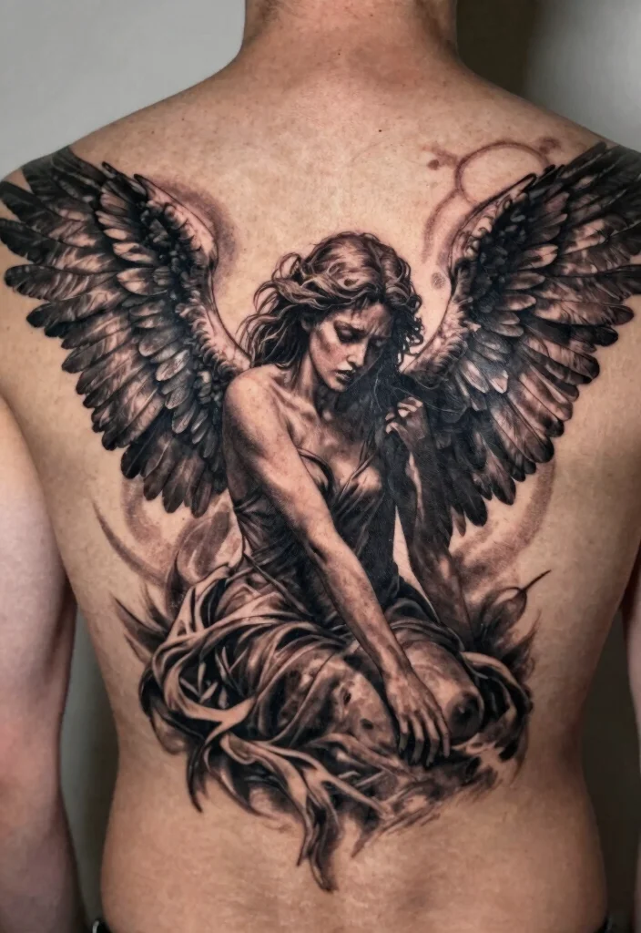 16 Angel Tattoo Men Ideas: Powerful, Masculine, and Meaningful - 10. Fallen Angel 1