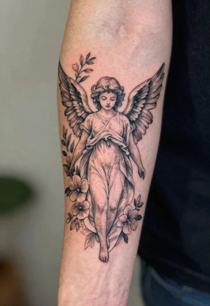 16 Angel Tattoo Men Ideas: Powerful, Masculine, and Meaningful - 11. Angel with Floral Elements 1