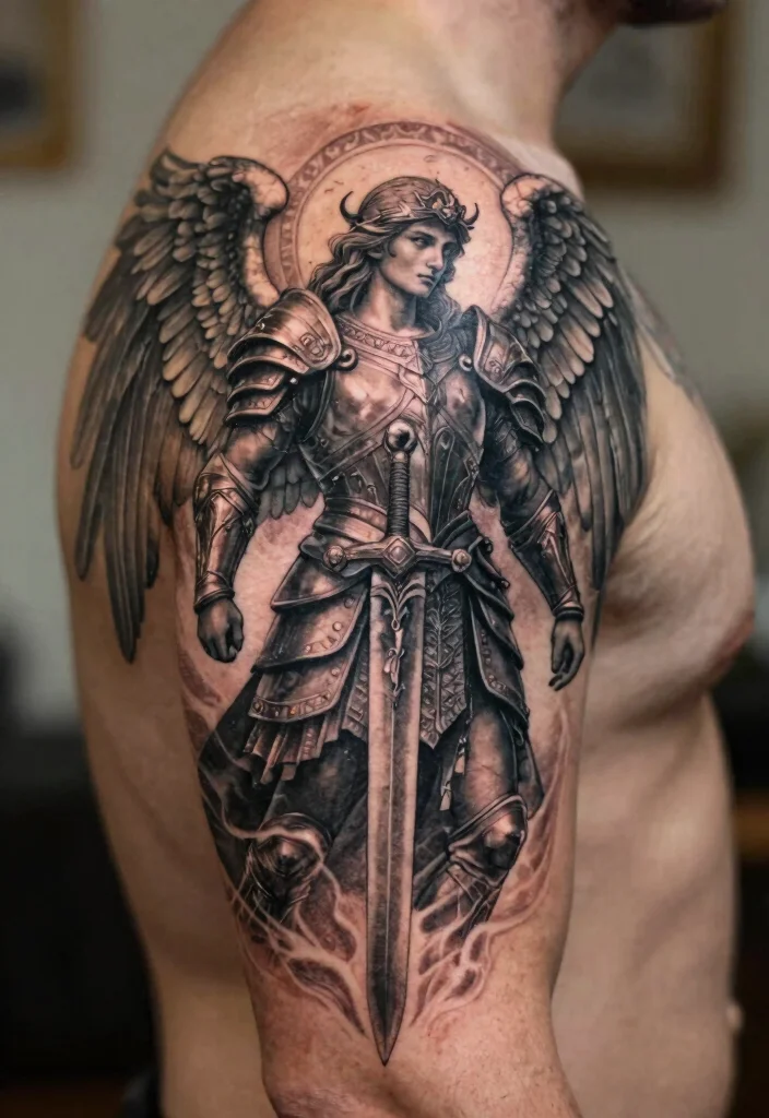 16 Angel Tattoo Men Ideas: Powerful, Masculine, and Meaningful - 13. Warrior Angel 1