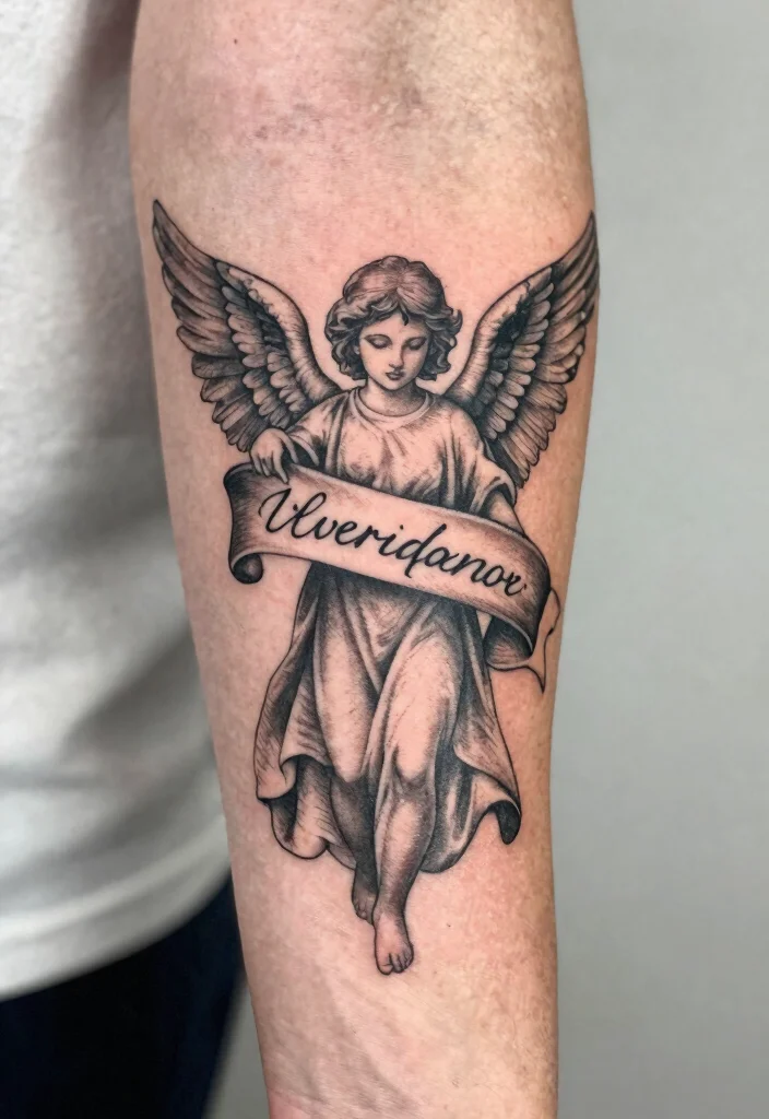 16 Angel Tattoo Men Ideas: Powerful, Masculine, and Meaningful - 14. Angel with a Banner 1