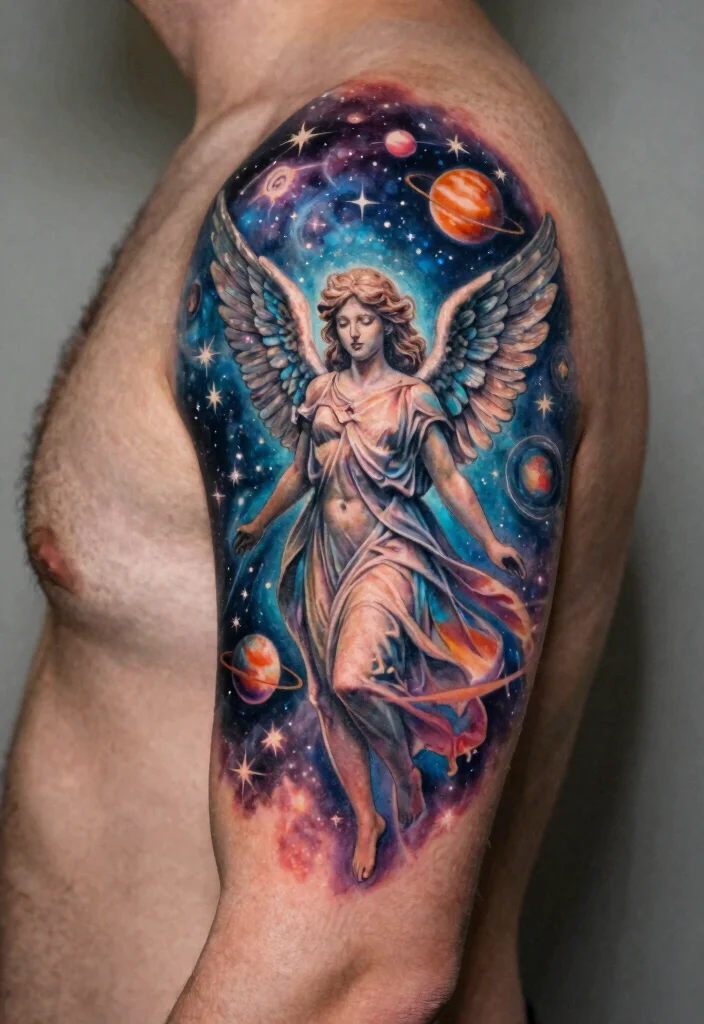 16 Angel Tattoo Men Ideas: Powerful, Masculine, and Meaningful - 16. Celestial Aura 1