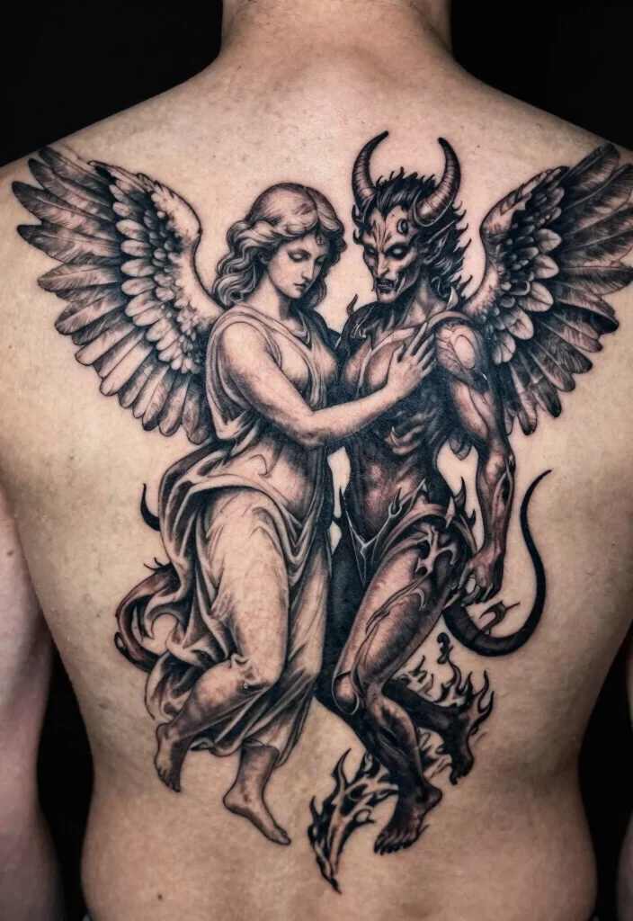 16 Angel Tattoo Men Ideas: Powerful, Masculine, and Meaningful - 5. Angel and Demon Contrast 1