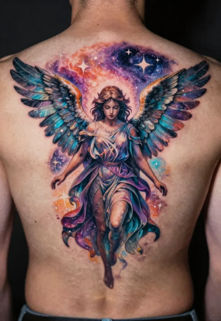 16 Angel Tattoo Men Ideas: Powerful, Masculine, and Meaningful - 7. Celestial Angel Design 1