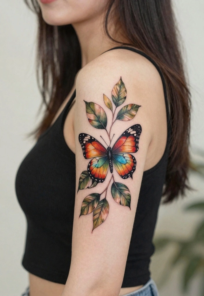 16 Butterfly Hand Tattoo Ideas: Bold, Delicate, and Eye-Catching - 14. Butterfly with Leaves 1
