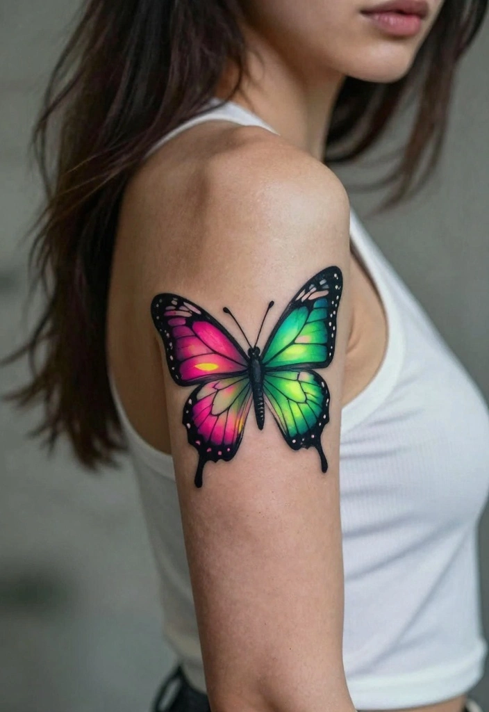 16 Butterfly Hand Tattoo Ideas: Bold, Delicate, and Eye-Catching - 16. Neon Butterfly Tattoo 1