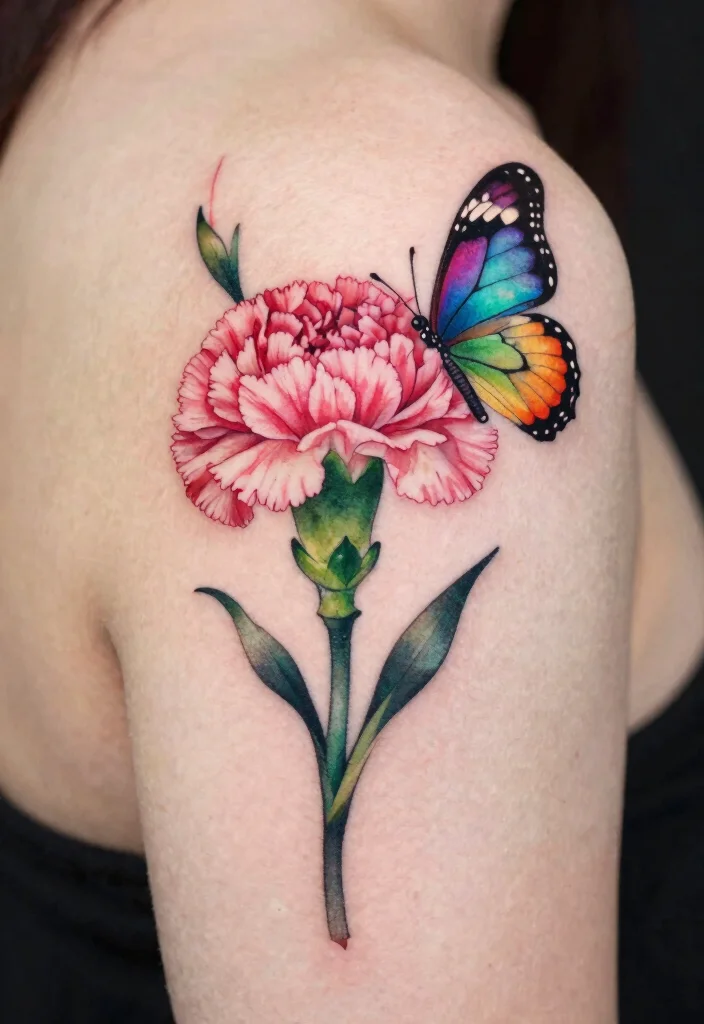 16 Carnation Flower Tattoo Ideas: Elegant, Symbolic, and Timeless - 10. Carnation and Butterfly Fusion 1