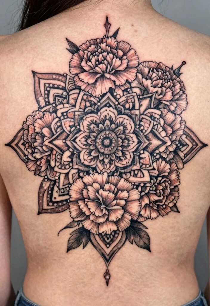 16 Carnation Flower Tattoo Ideas: Elegant, Symbolic, and Timeless - 11. Floral Mandala with Carnations 1