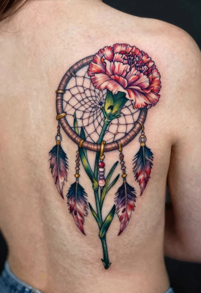16 Carnation Flower Tattoo Ideas: Elegant, Symbolic, and Timeless - 13. Carnation and Dreamcatcher 1