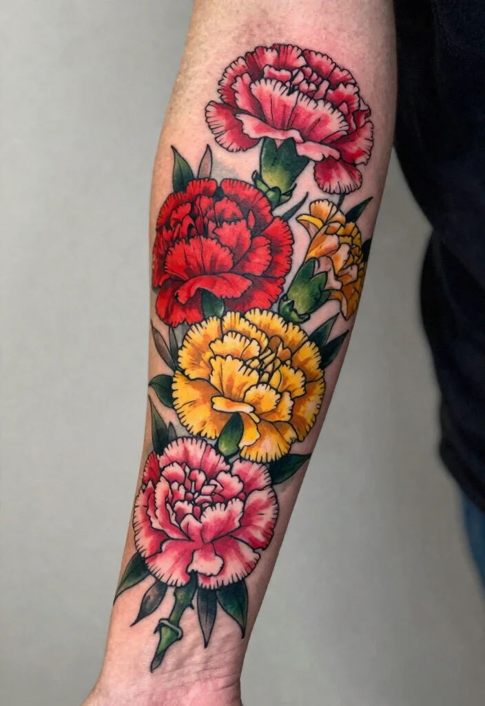 16 Carnation Flower Tattoo Ideas: Elegant, Symbolic, and Timeless - 4. Bold and Colorful Carnation Sleeve 1