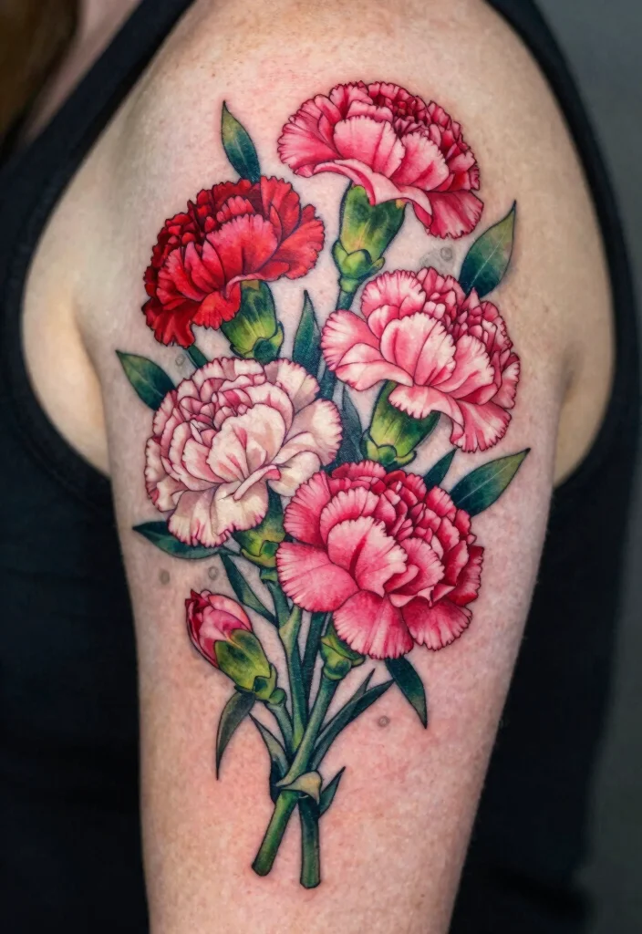 16 Carnation Flower Tattoo Ideas: Elegant, Symbolic, and Timeless - 7. Carnation Bouquet Tattoo 1