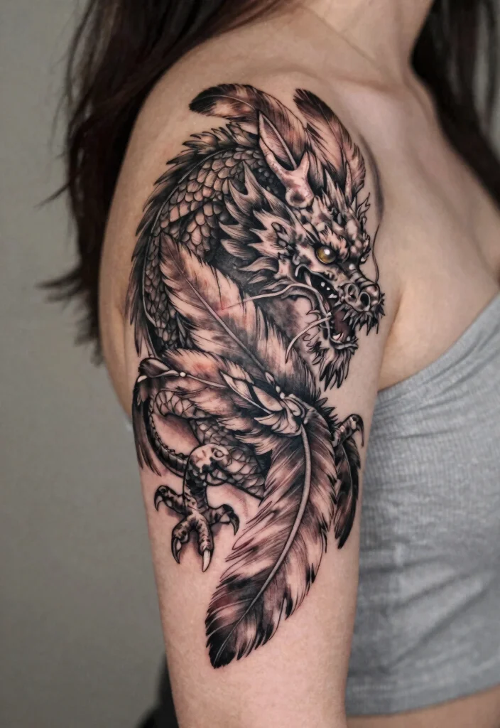 16 Dragon Tattoo for Women Ideas: Elegant, Powerful, and Unique - 13. Dragon Feather Combination 1