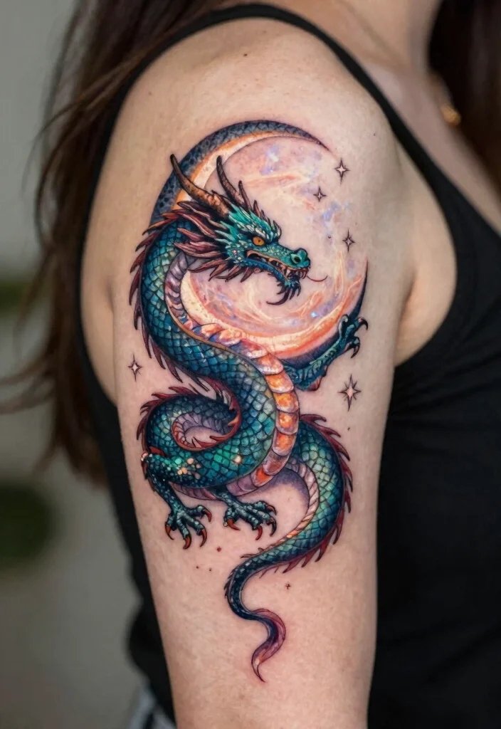 16 Dragon Tattoo for Women Ideas: Elegant, Powerful, and Unique - 8. Mystic Dragon and Moon Combination 1