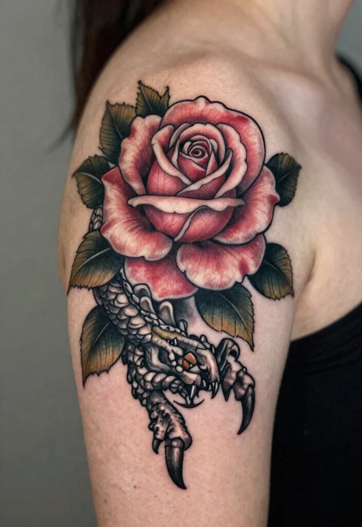 16 Dragon Tattoo for Women Ideas: Elegant, Powerful, and Unique - 9. Dragon Claw and Rose Design 1