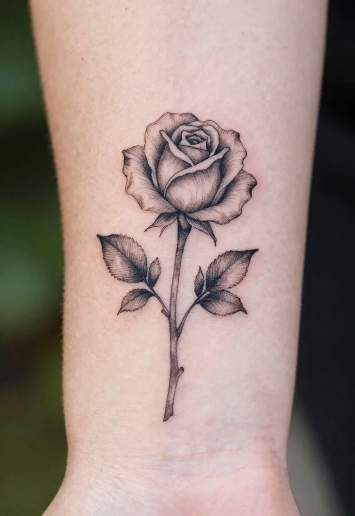 16 Fine Line Rose Tattoo Ideas: Minimal, Soft, and Delicate - 1. Single Stem Rose 1