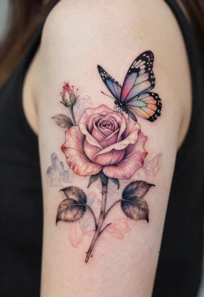 16 Fine Line Rose Tattoo Ideas: Minimal, Soft, and Delicate - 10. Rose and Butterfly Combination 1