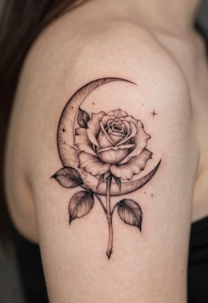 16 Fine Line Rose Tattoo Ideas: Minimal, Soft, and Delicate - 13. Fine Line Rose and Crescent Moon 1