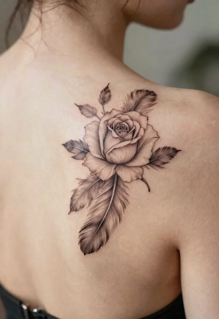 16 Fine Line Rose Tattoo Ideas: Minimal, Soft, and Delicate - 15. Fine Line Rose with Feathers 1
