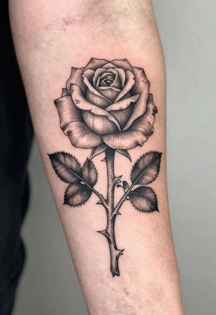 16 Fine Line Rose Tattoo Ideas: Minimal, Soft, and Delicate - 4. Rose with Thorns 1