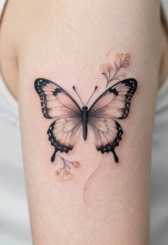 16 Flower and Butterfly Tattoo Ideas: Elegant Balanced Designs - 1. Minimalist Butterfly with Floral Accents 1